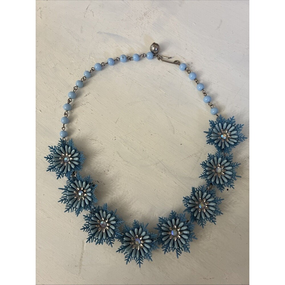 Vintage "Coro" Periwinkle Blue Plastic Flower Necklace Rhinestone Centers 1950s